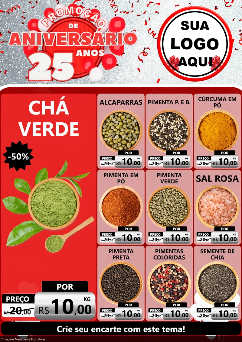 Modelo de Encarte para Encarte A4 Vertical com o tema Promoção de Aniversário - 25Anos para Produtos Naturais