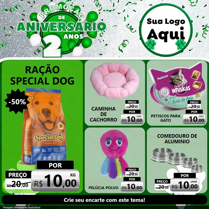 Modelo de Rede Social para Feed Facebook com o tema Promoção de Aniversário - 2 Anos para Pet Shop