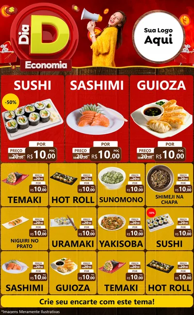 Modelo de Encarte para Encarte Grande com o tema Dia D Economia para Comida japonesa