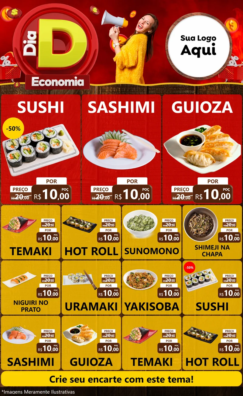Modelo de Encarte para Encarte Grande com o tema Dia D Economia para Comida japonesa