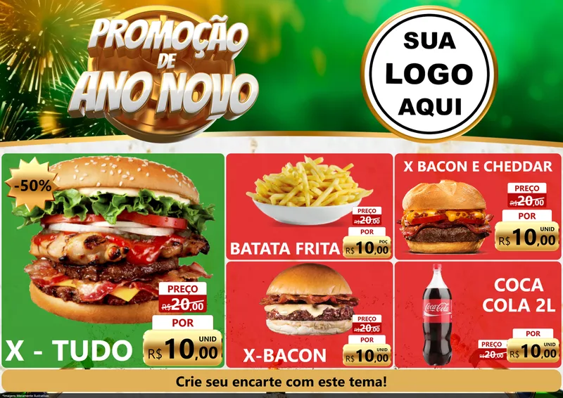 Modelo de Encarte para Encarte A4 Horizontal com o tema Promoção de Ano Novo para Hamburgueria