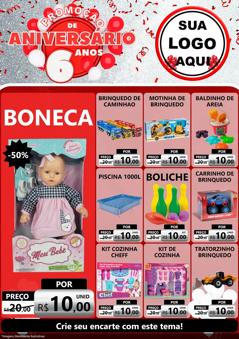 Modelo de Encarte para Encarte A4 Vertical com o tema Promoção de Aniversário - 6 Anos para Brinquedos
