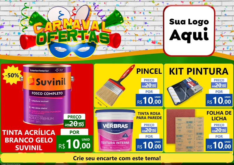 Modelo de Encarte para Encarte A4 Horizontal com o tema Carnaval de Ofertas para Tintas e Ferramentas