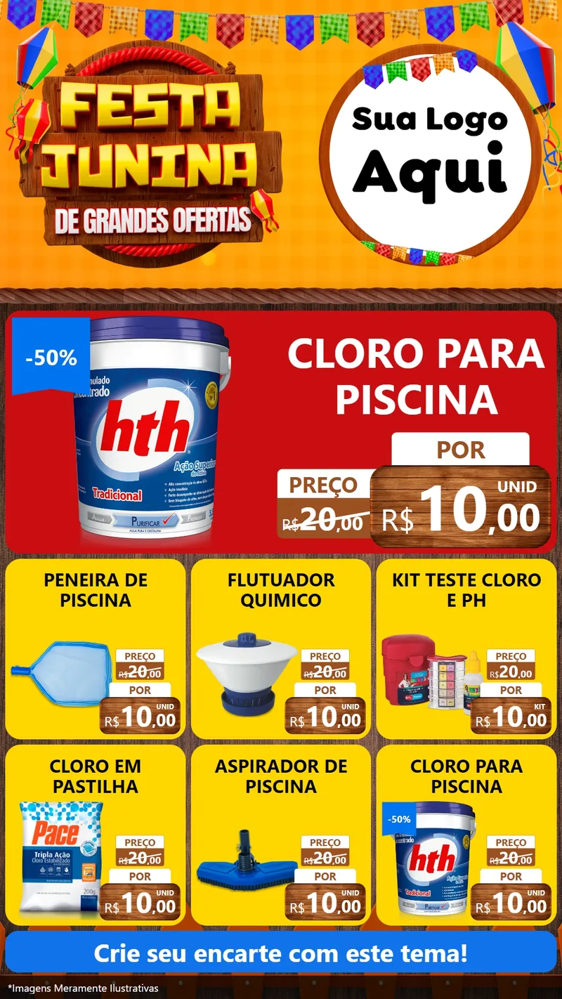 Modelo de Rede Social para Stories com o tema Festa Junina de Grandes Ofertas para Produtos para Piscina