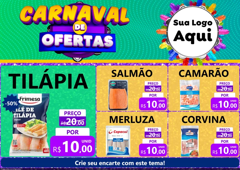 Modelo de Encarte para Encarte A4 Horizontal com o tema Carnaval de Ofertas para Peixaria