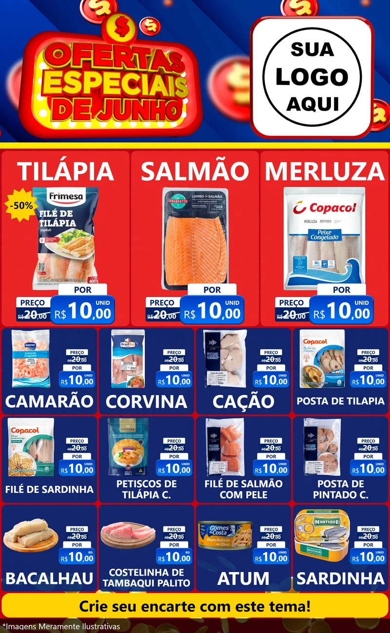 Modelo de Encarte para Encarte Grande com o tema Ofertas Especiais de Junho para Peixaria