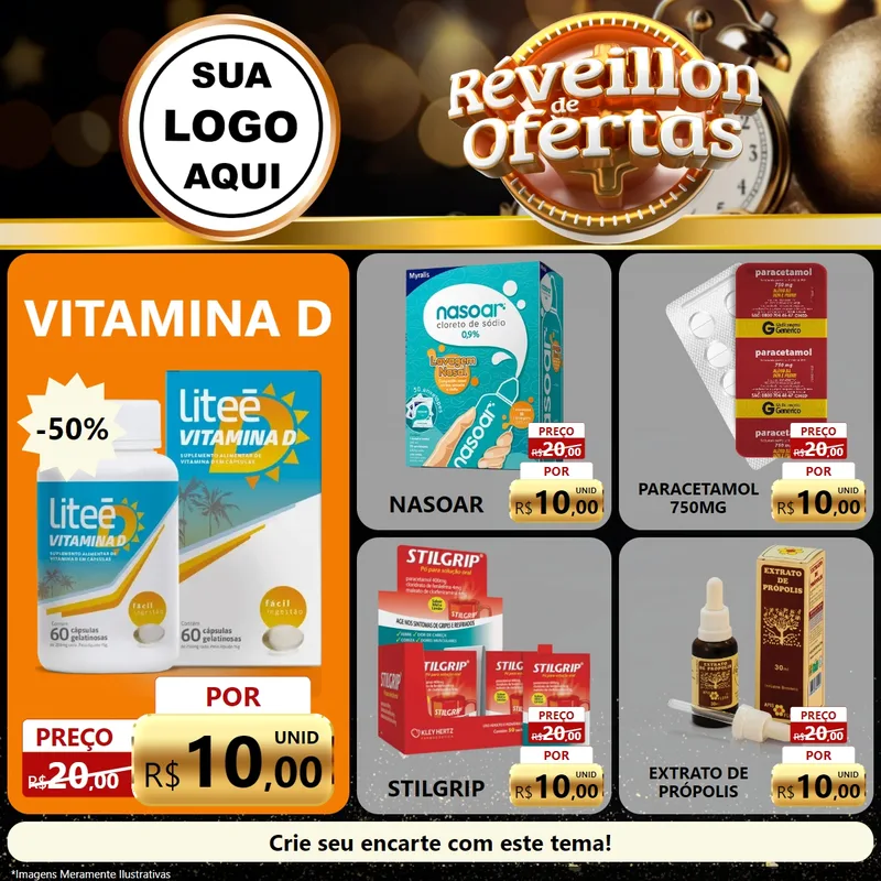 Modelo de Rede Social para Feed Facebook com o tema Réveillon de Ofertas para Farmácia