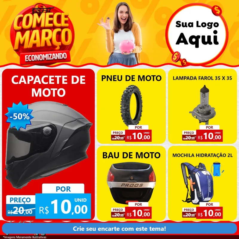 Modelo de Rede Social para Feed Facebook com o tema Comece Março Economizando para Moto peças