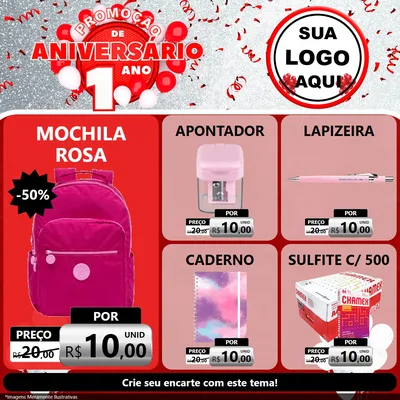 Modelo de Rede Social para Feed Facebook com o tema Promoção de Aniversário - 1 Ano para Papelaria