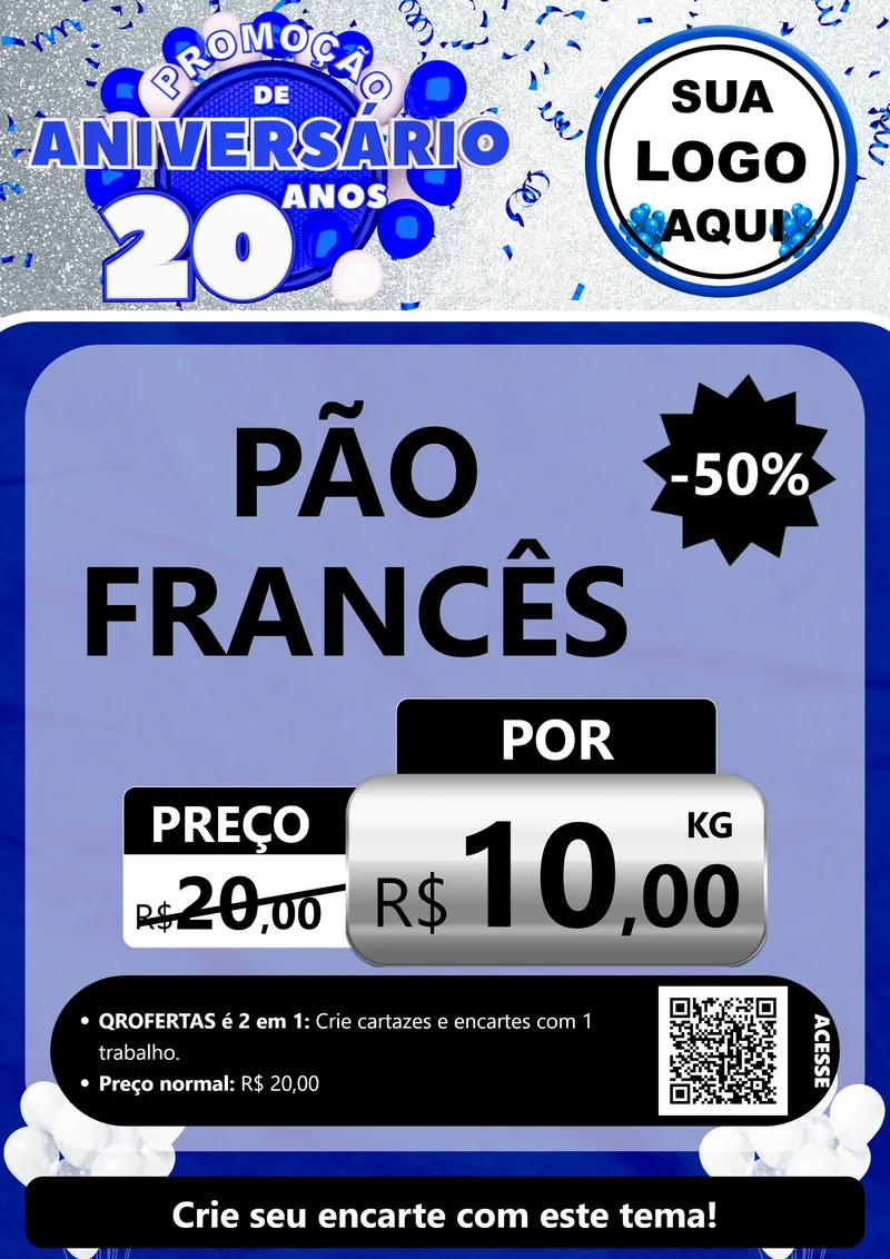 Modelo de Cartaz para Cartaz A4 Vertical com o tema Promoção de Aniversário - 20 Anos para Padaria