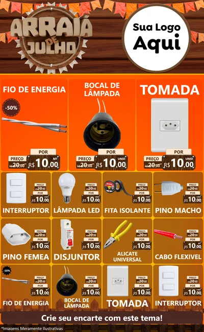 Modelo de Encarte para Encarte Grande com o tema Arraiá de Julho - Junina para Materiais Elétricos