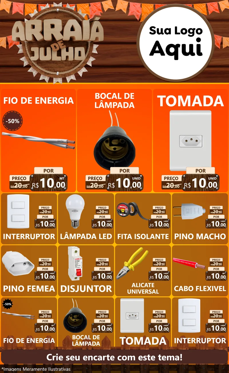 Modelo de Encarte para Encarte Grande com o tema Arraiá de Julho - Junina para Materiais Elétricos