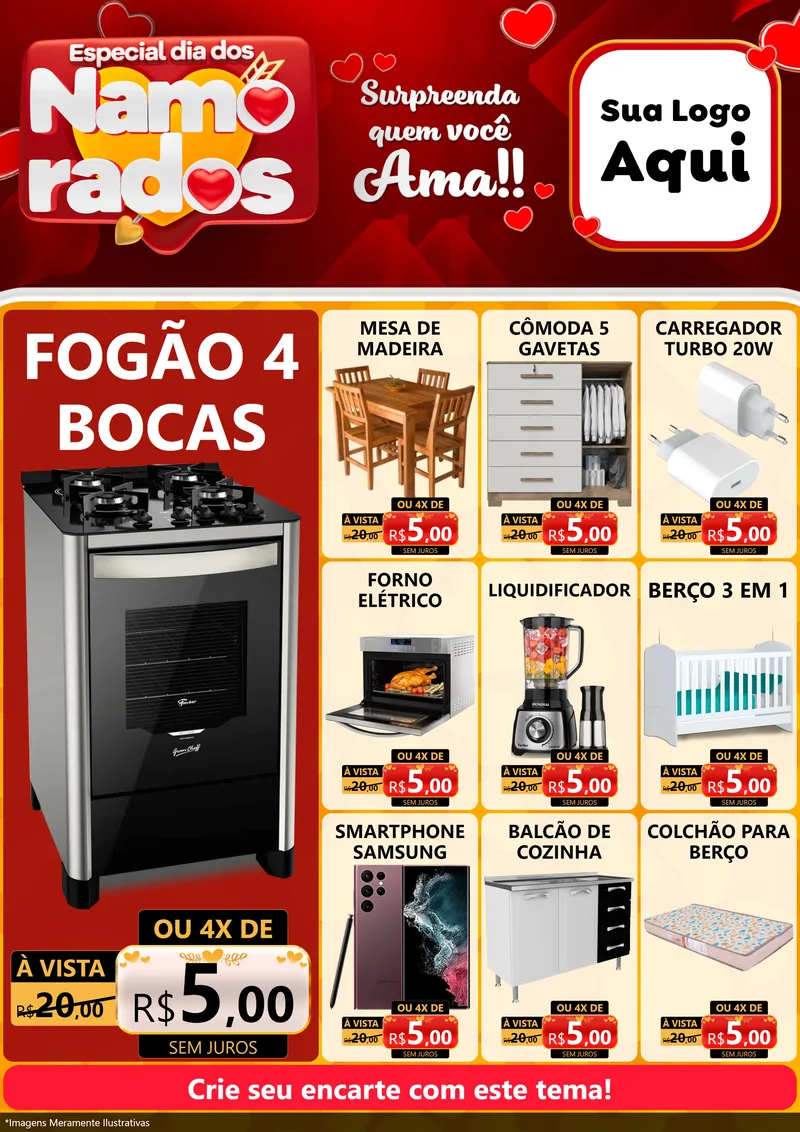Modelo de Encarte para Encarte A4 Vertical com o tema Especial Dia dos Namorados para Móveis e Eletro