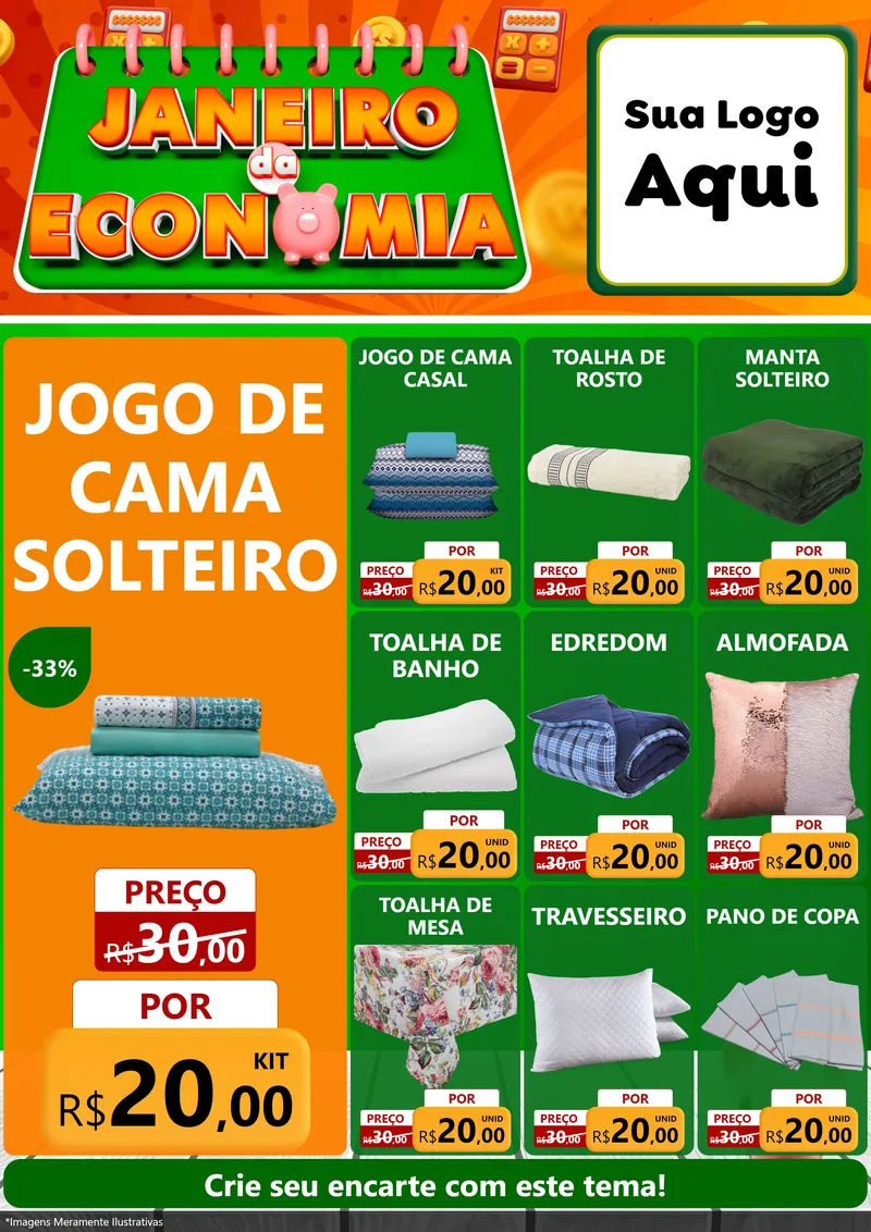 Modelo de Encarte para Encarte A4 Vertical com o tema Janeiro da Economia para Cama, Mesa e Banho