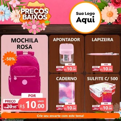 Modelo de Rede Social para Feed Facebook com o tema Primavera de Preços Baixos para Papelaria