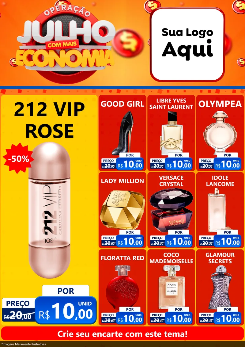 Modelo de Encarte para Encarte A4 Vertical com o tema Operação Julho Com Mais Economia para Perfumes