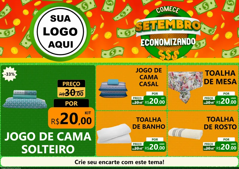 Modelo de Encarte para Encarte A4 Horizontal com o tema Comece Setembro Economizando para Cama, Mesa e Banho