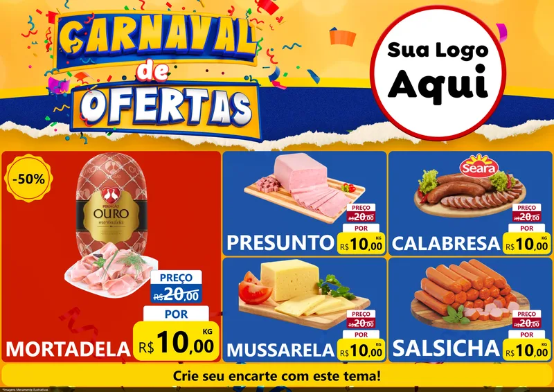 Modelo de Encarte para Encarte A4 Horizontal com o tema Carnaval de Ofertas para Frios e Laticínios