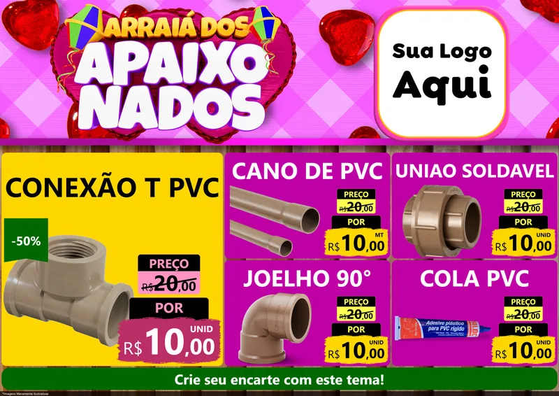 Modelo de Encarte para Encarte A4 Horizontal com o tema Arraiá dos Apaixonados para Tubos e conexões