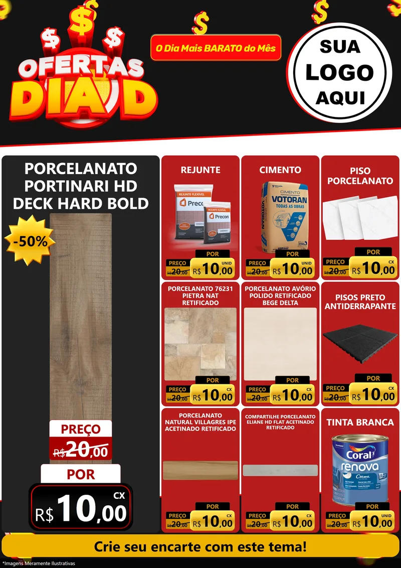 Modelo de Encarte para Encarte A4 Vertical com o tema Ofertas Dia D para Pisos e revestimentos