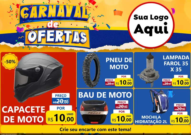 Modelo de Encarte para Encarte A4 Horizontal com o tema Carnaval de Ofertas para Moto peças