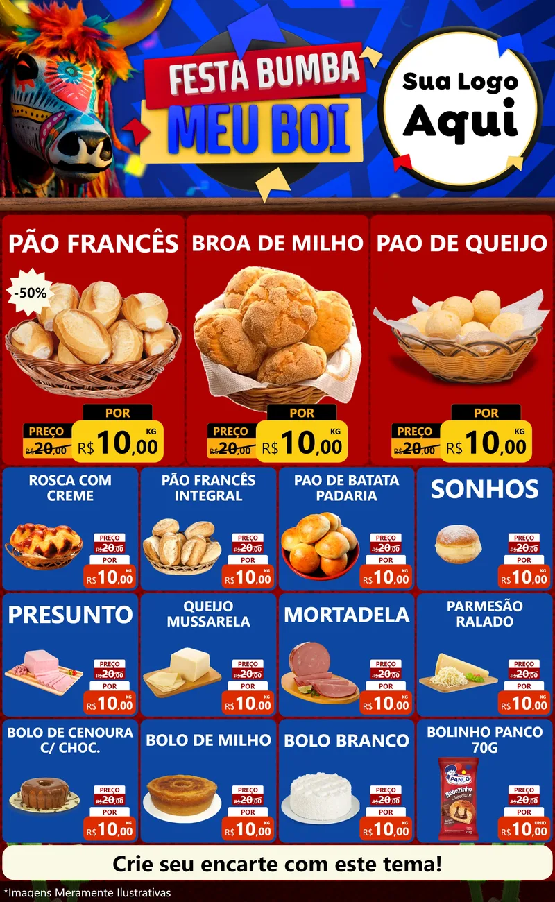Modelo de Encarte para Encarte Grande com o tema Festa Bumba meu Boi para Padaria