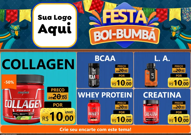 Modelo de Encarte para Encarte A4 Horizontal com o tema Festa Boi Bumbá para Suplementos alimentares