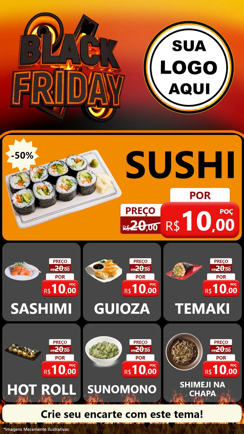 Modelo de Rede Social para Stories com o tema Black Friday para Comida japonesa