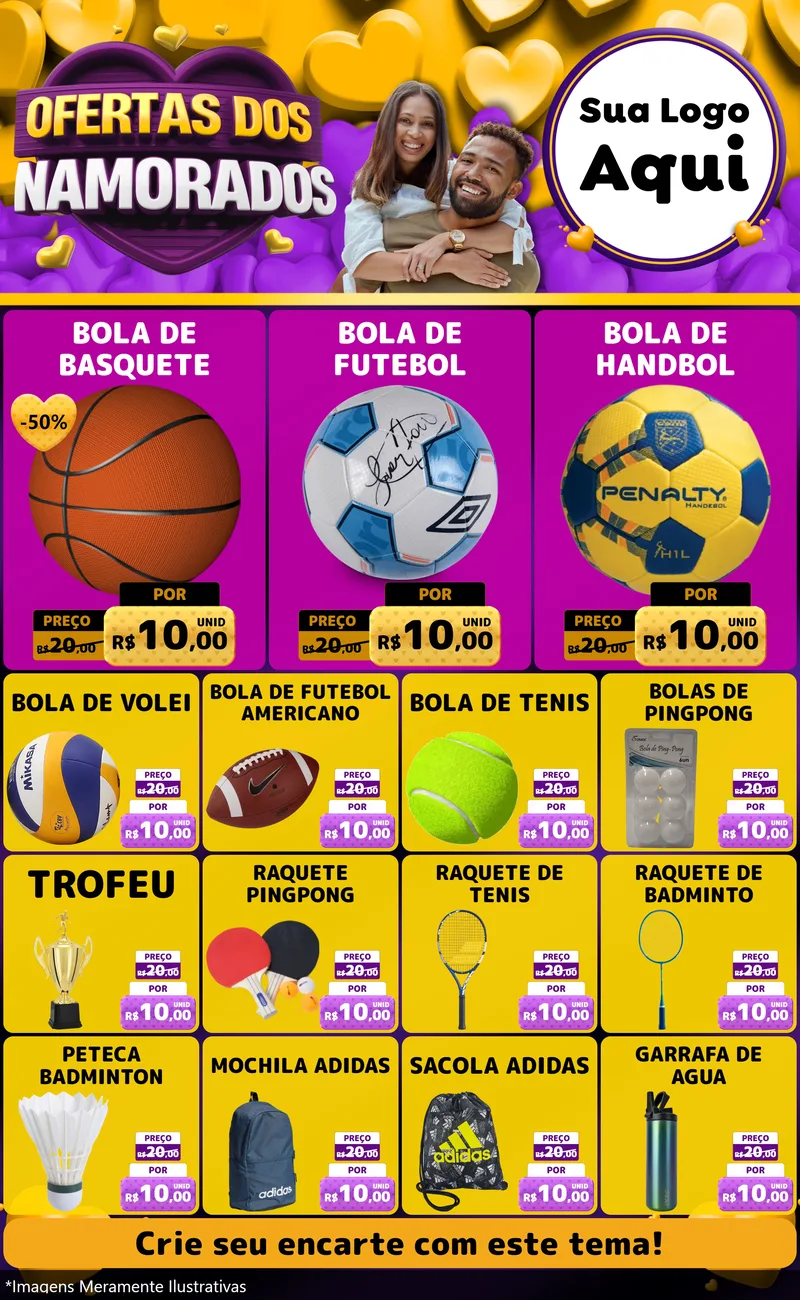 Modelo de Encarte para Encarte Grande com o tema Oferta Dos Namorados para Artigos Esportivos