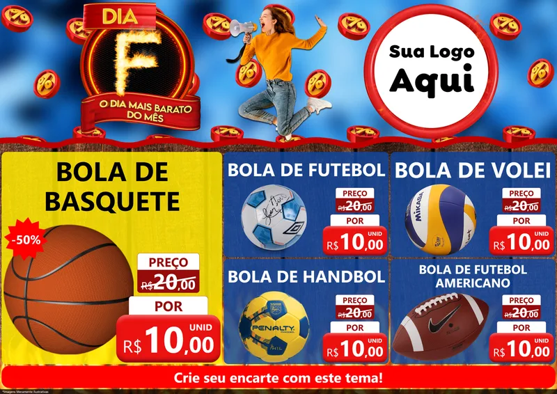 Modelo de Encarte para Encarte A4 Horizontal com o tema Dia F - O Dia Mais Barato Do Mês para Artigos Esportivos