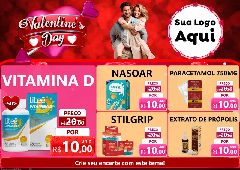 Modelo de Encarte para Encarte A4 Horizontal com o tema Valentine's Day para Farmácia