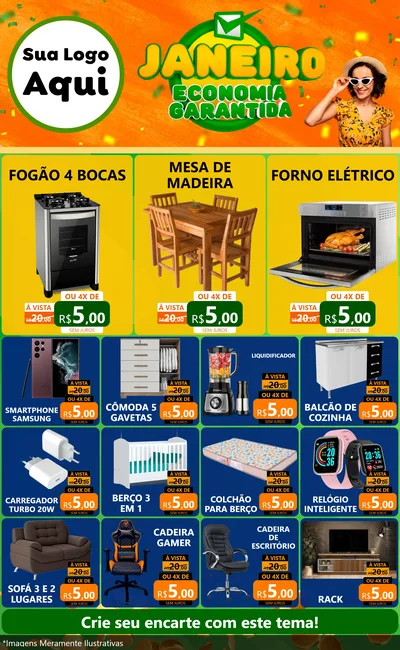 Modelo de Encarte para Encarte Grande com o tema Janeiro - Economia Garantida para Móveis e Eletro