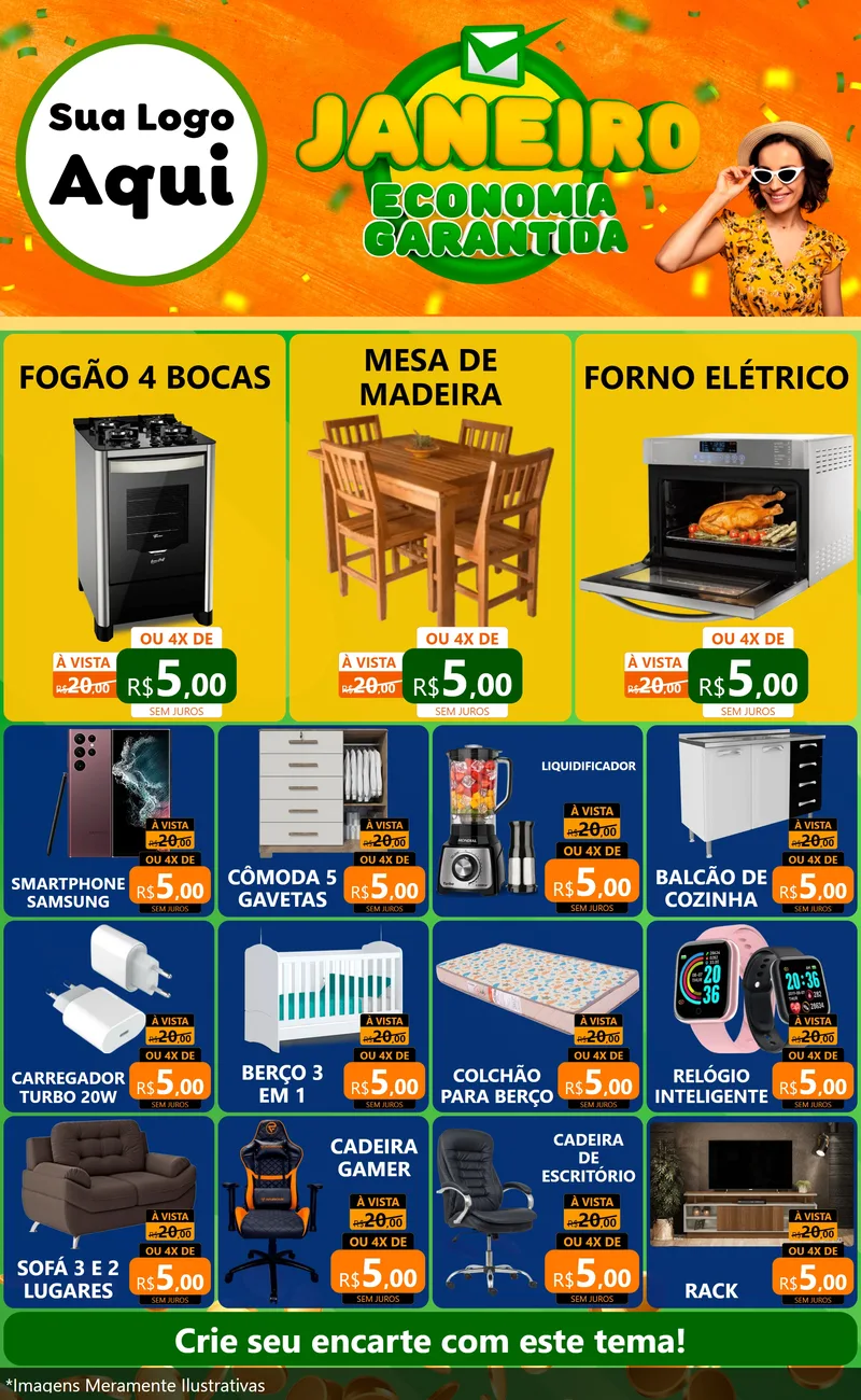 Modelo de Encarte para Encarte Grande com o tema Janeiro - Economia Garantida para Móveis e Eletro