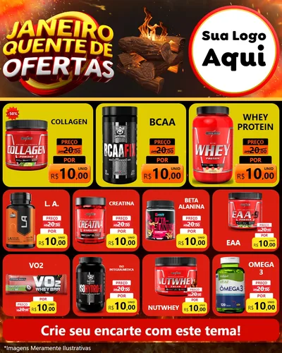 Modelo de Rede Social para Feed Instagram com o tema Janeiro Quente de Ofertas para Suplementos alimentares