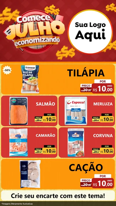 Modelo de TV para TV Vertical com o tema Comece Julho Economizando para Peixaria