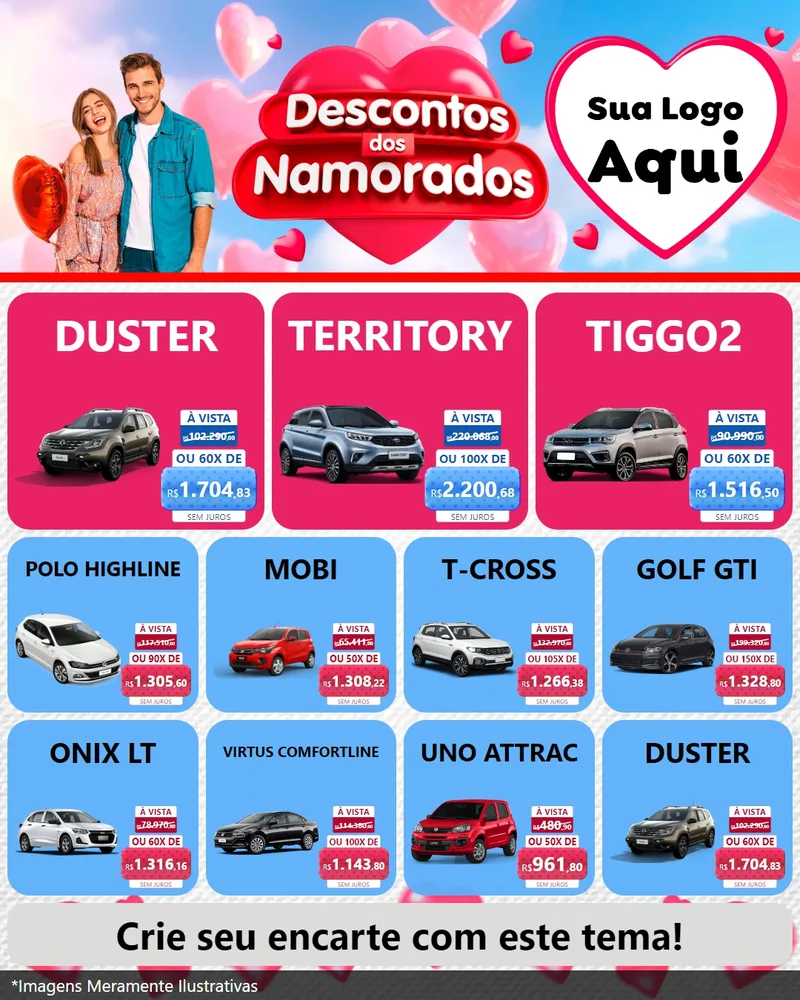 Modelo de Rede Social para Feed Instagram com o tema Descontos dos Namorados para Concessionaria de Carros