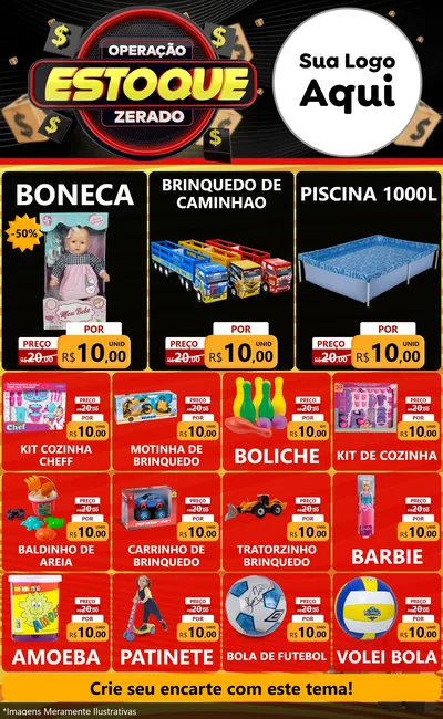 Modelo de Encarte para Encarte Grande com o tema Operação Estoque Zerado para Brinquedos