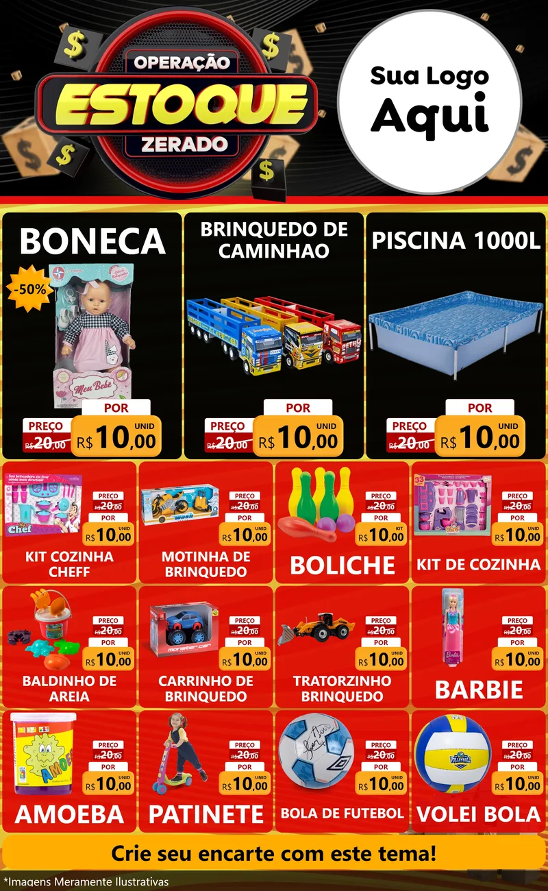 Modelo de Encarte para Encarte Grande com o tema Operação Estoque Zerado para Brinquedos