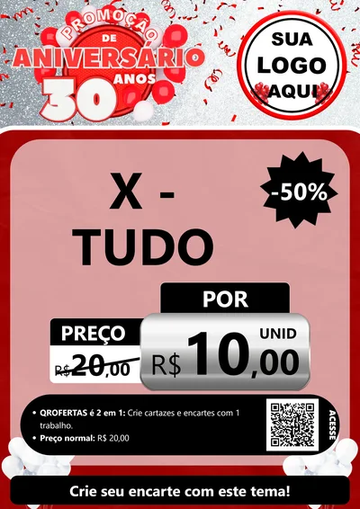 Modelo de Cartaz para Cartaz A4 Vertical com o tema Promoção de Aniversário - 30 Anos para Hamburgueria