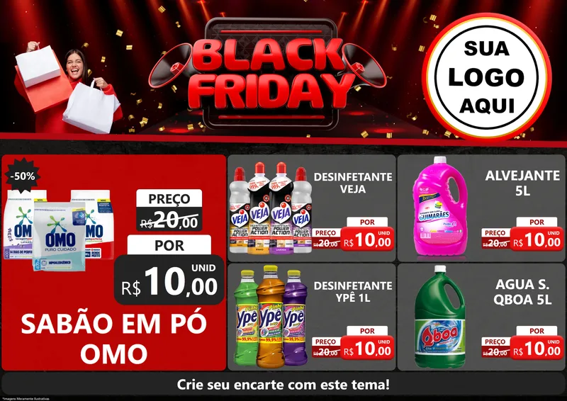 Modelo de Encarte para Encarte A4 Horizontal com o tema Black Friday para Produtos de Limpeza