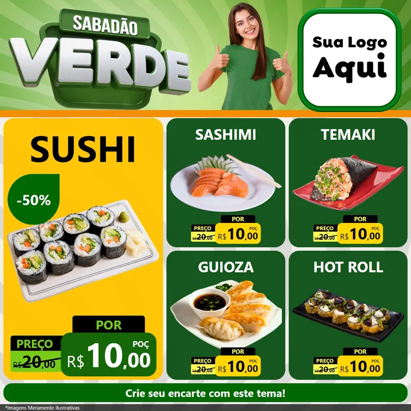 Modelo de Rede Social para Feed Facebook com o tema Sabadão Verde para Comida japonesa