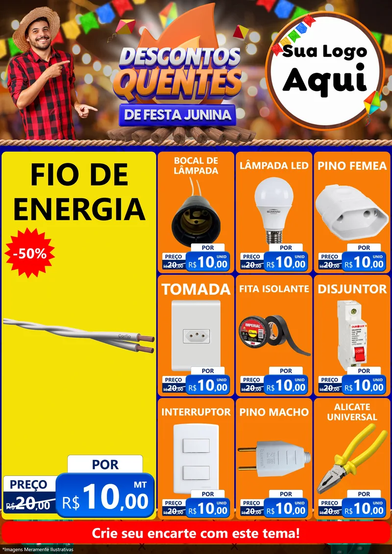 Modelo de Encarte para Encarte A4 Vertical com o tema Descontos Quentes de Festa Junina para Materiais Elétricos