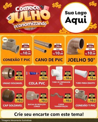 Modelo de Rede Social para Feed Instagram com o tema Comece Julho Economizando para Tubos e conexões