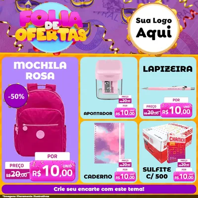 Modelo de Rede Social para Feed Facebook com o tema Folia de Ofertas para Papelaria