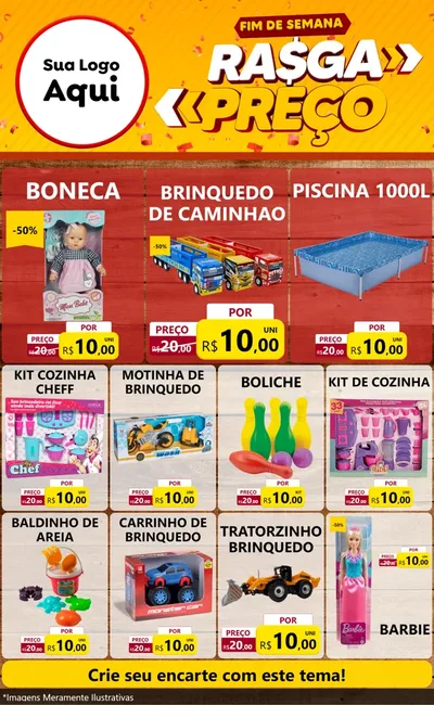 Modelo de Encarte para Encarte Grande com o tema Fim de Semana Rasga Preços para Brinquedos