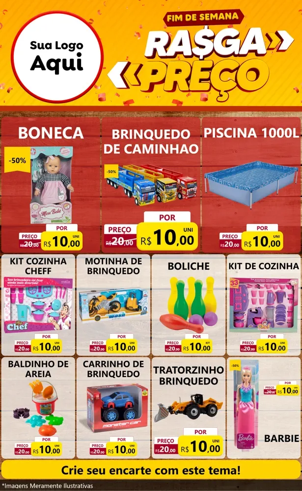 Modelo de Encarte para Encarte Grande com o tema Fim de Semana Rasga Preços para Brinquedos