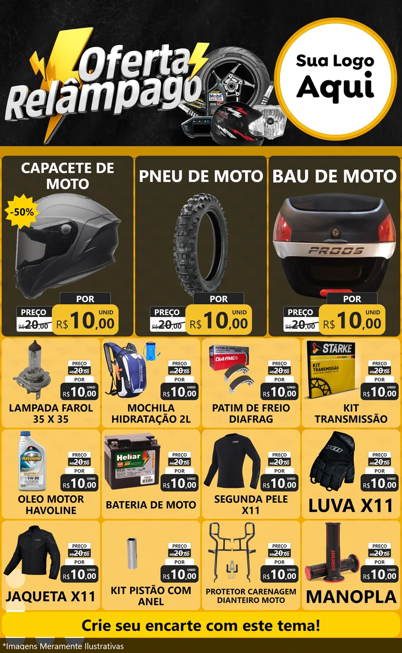 Modelo de Encarte para Encarte Grande com o tema Oferta Relâmpago - Motopeças para Moto peças