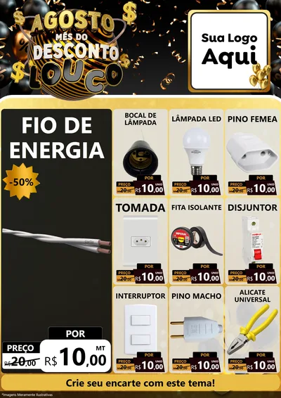 Modelo de Encarte para Encarte A4 Vertical com o tema Agosto Mês do Desconto Louco para Materiais Elétricos