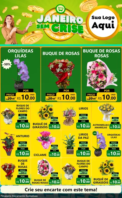 Modelo de Encarte para Encarte Grande com o tema Janeiro Sem Crise para Floricultura e jardim