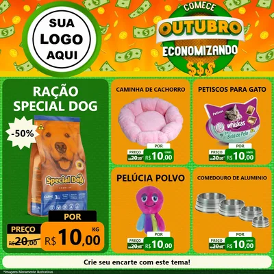 Modelo de Rede Social para Feed Facebook com o tema Comece Outubro Economizando para Pet Shop